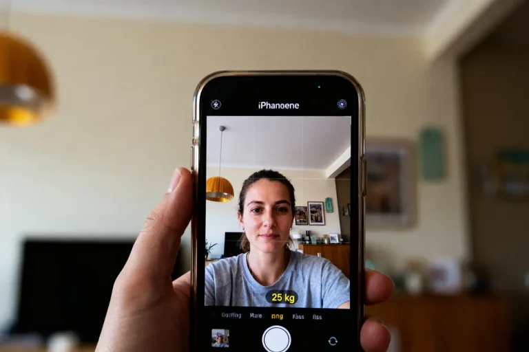 Personne prise en photo avec smartphone, affichant poids sur écran, intérieur lumineux en arrière-plan.