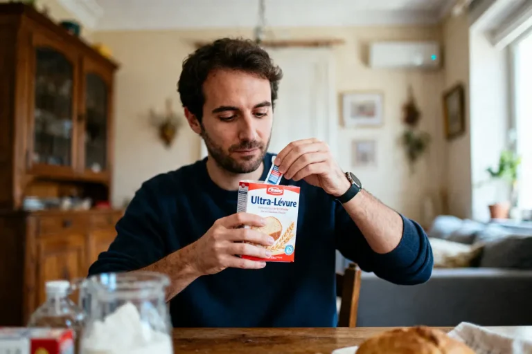 Homme ouvrant un paquet de levure sur table, intérieur cuisine conviviale, pot farine proche.