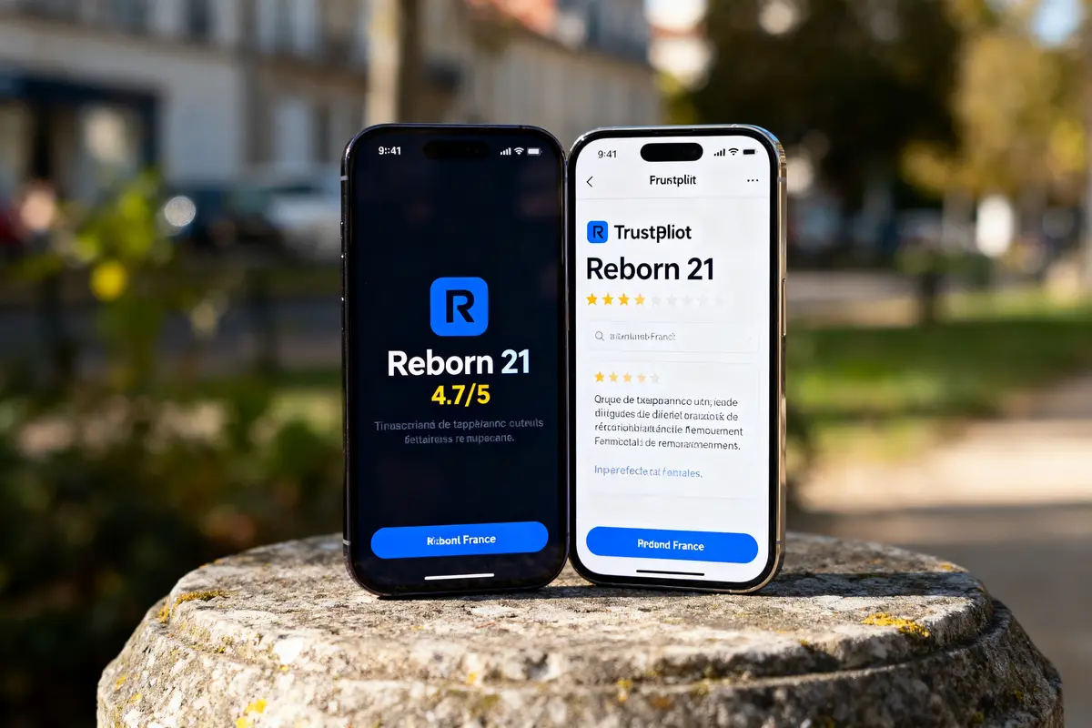 Deux smartphones affichant l'application Reborn 21 avec une note de 4.7/5, posés sur un muret.