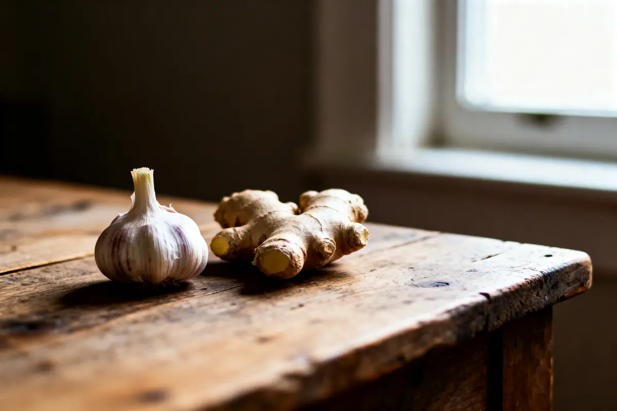 Gousse d'ail et racine de gingembre posées sur une table en bois près d'une fenêtre.