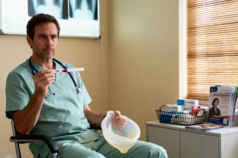 Un médecin en uniforme tient un test médical dans un cabinet, radio en arrière-plan.