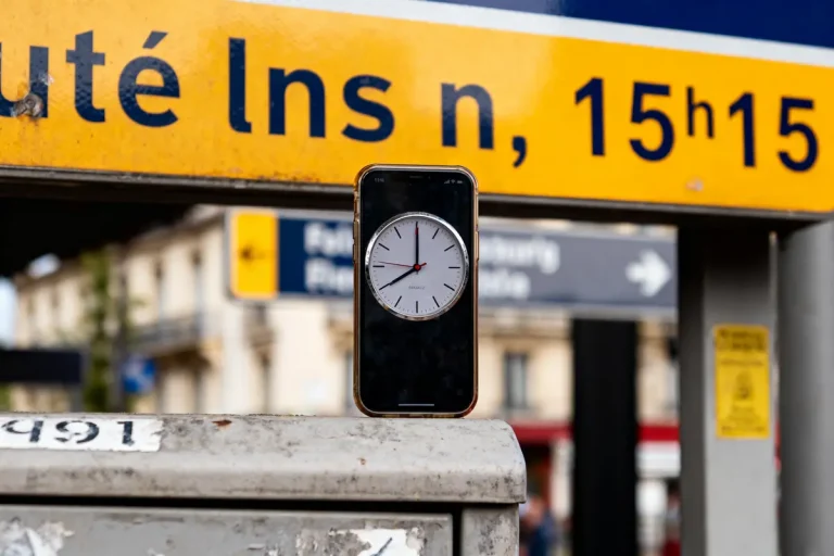 Un smartphone affiche une horloge analogique devant un panneau de gare indiquant l'heure 15h15.