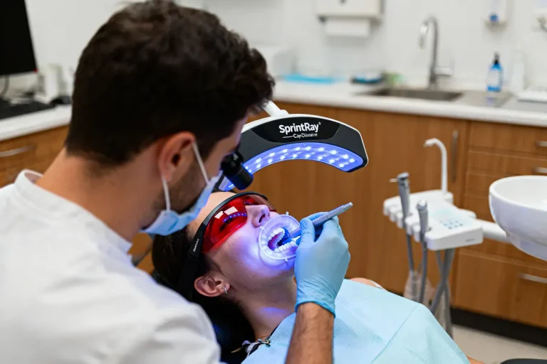 Dentiste effectuant un traitement dentaire avec une lumière bleue pour durcir le matériau, patient portant lunettes.