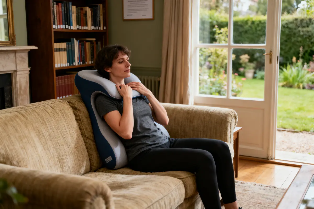 Personne détendue assise sur canapé, utilisant un oreiller de massage, salon lumineux avec jardin extérieur visible.
