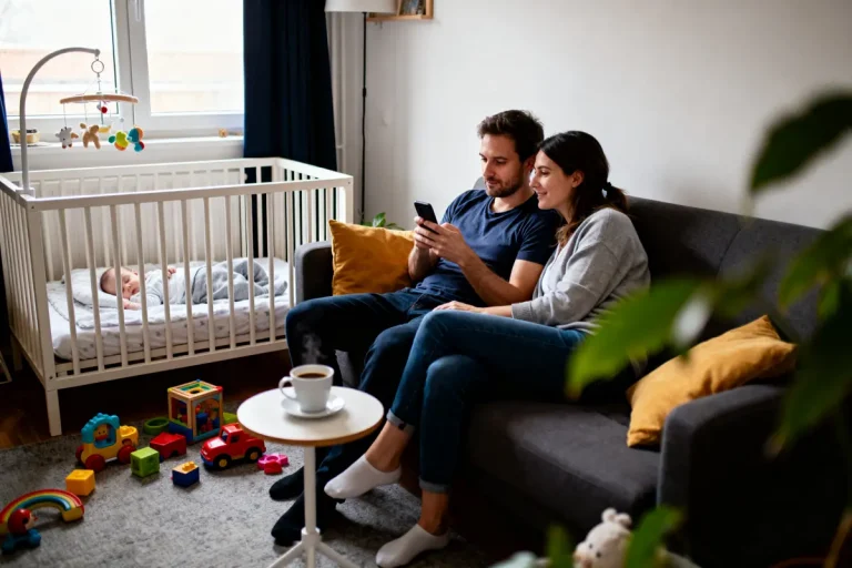 Un couple se détend sur un canapé près d’un bébé dans un berceau, jouets colorés au sol.