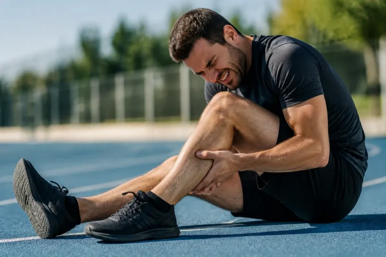 Homme en douleur sur piste de course après un claquage au mollet