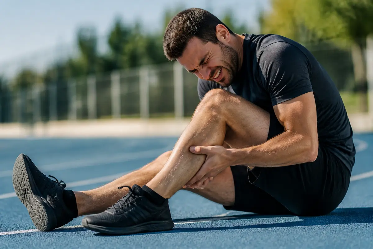 Homme en douleur sur piste de course aprĂšs un claquage au mollet