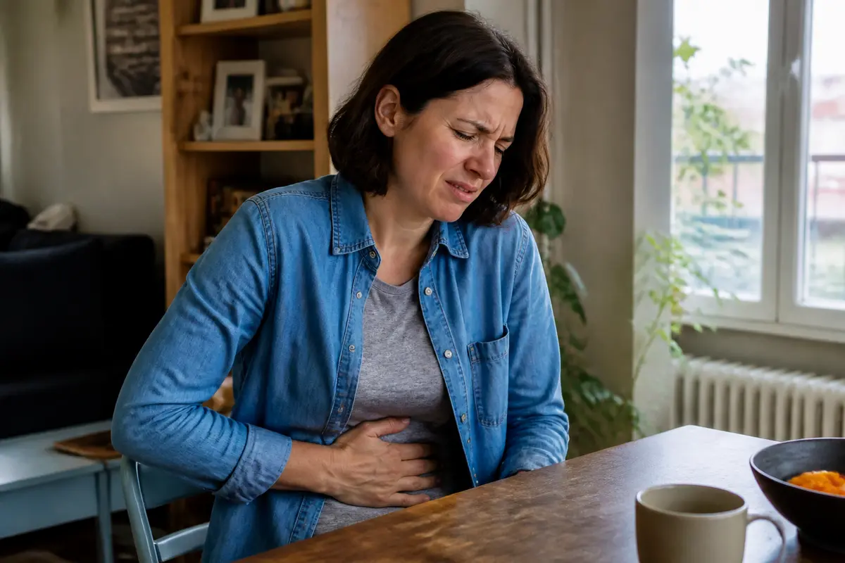 Femme souffrant de douleur épigastrique assise à une table, main sur l'abdomen