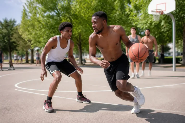 Joueurs de basket jouant à l'extérieur, étudient la durée d'un match de basket.