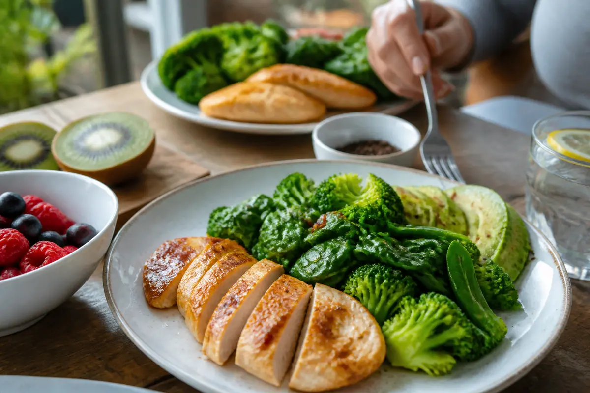Assiette de poulet, brocolis, épinards et avocat pour un menu ventre plat en 4 jours