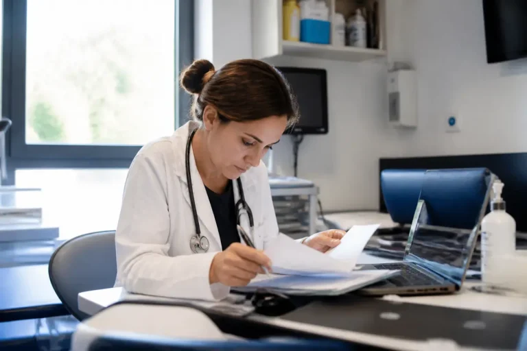 Médecin examinant dossier médical pour savoir si on peut mourir d'un ulcère à l'estomac