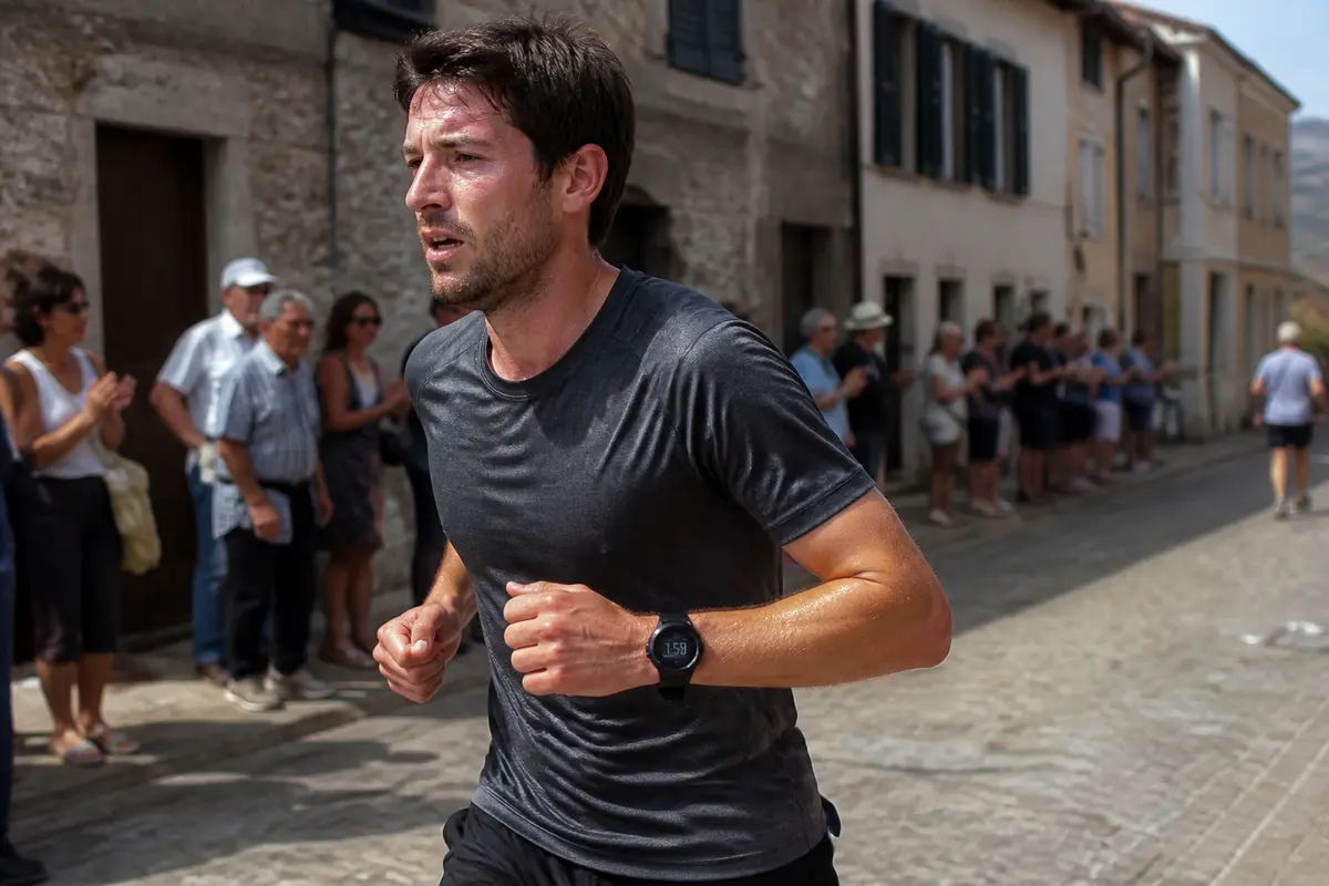 Coureur suant lors d'un semi-marathon en ville illustrant le temps moyen d'un semi-marathon