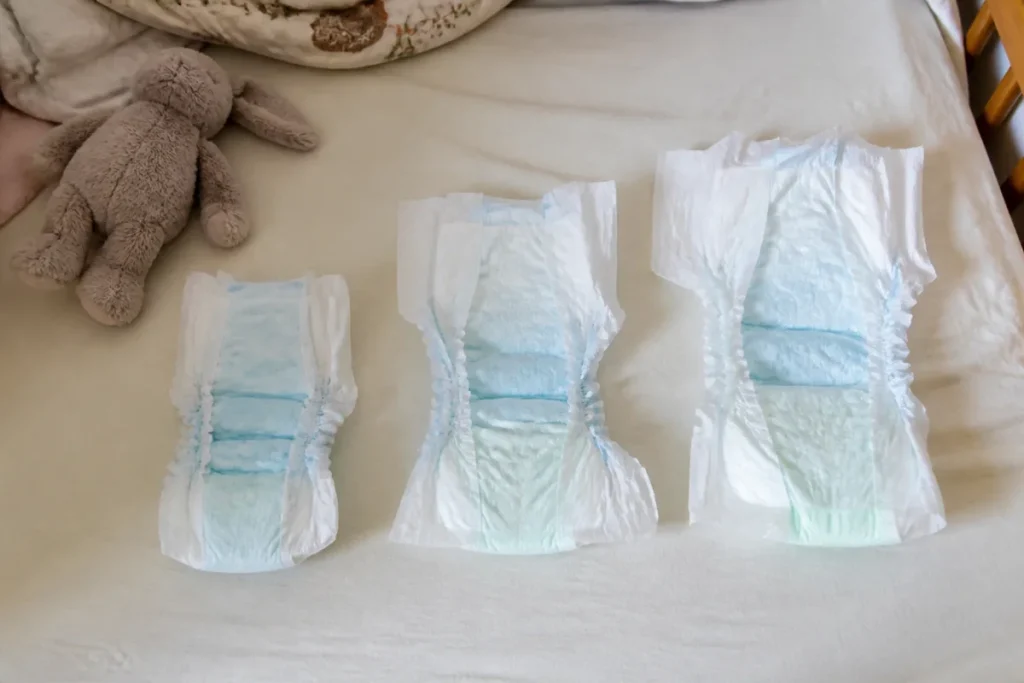 Trois couches de tailles croissantes posées sur un lit d'enfant