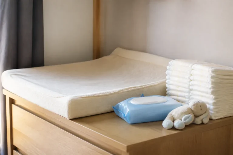 Coin change avec tapis à langer, couches, lingettes et doudou