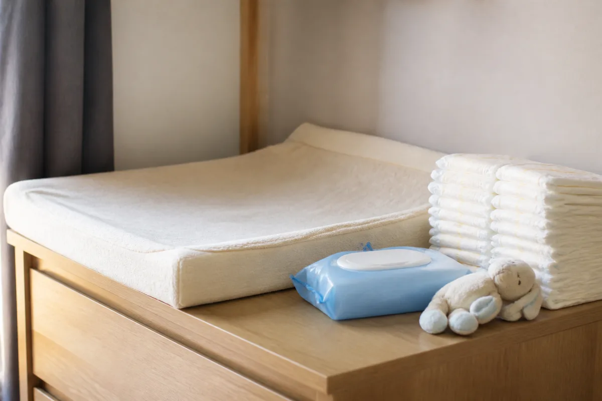 Coin change avec tapis à langer, couches, lingettes et doudou